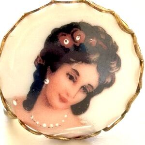 Limoges Porcelain Portrait Earrings Lady In Blue Scalloped Gold Edge Screw Back